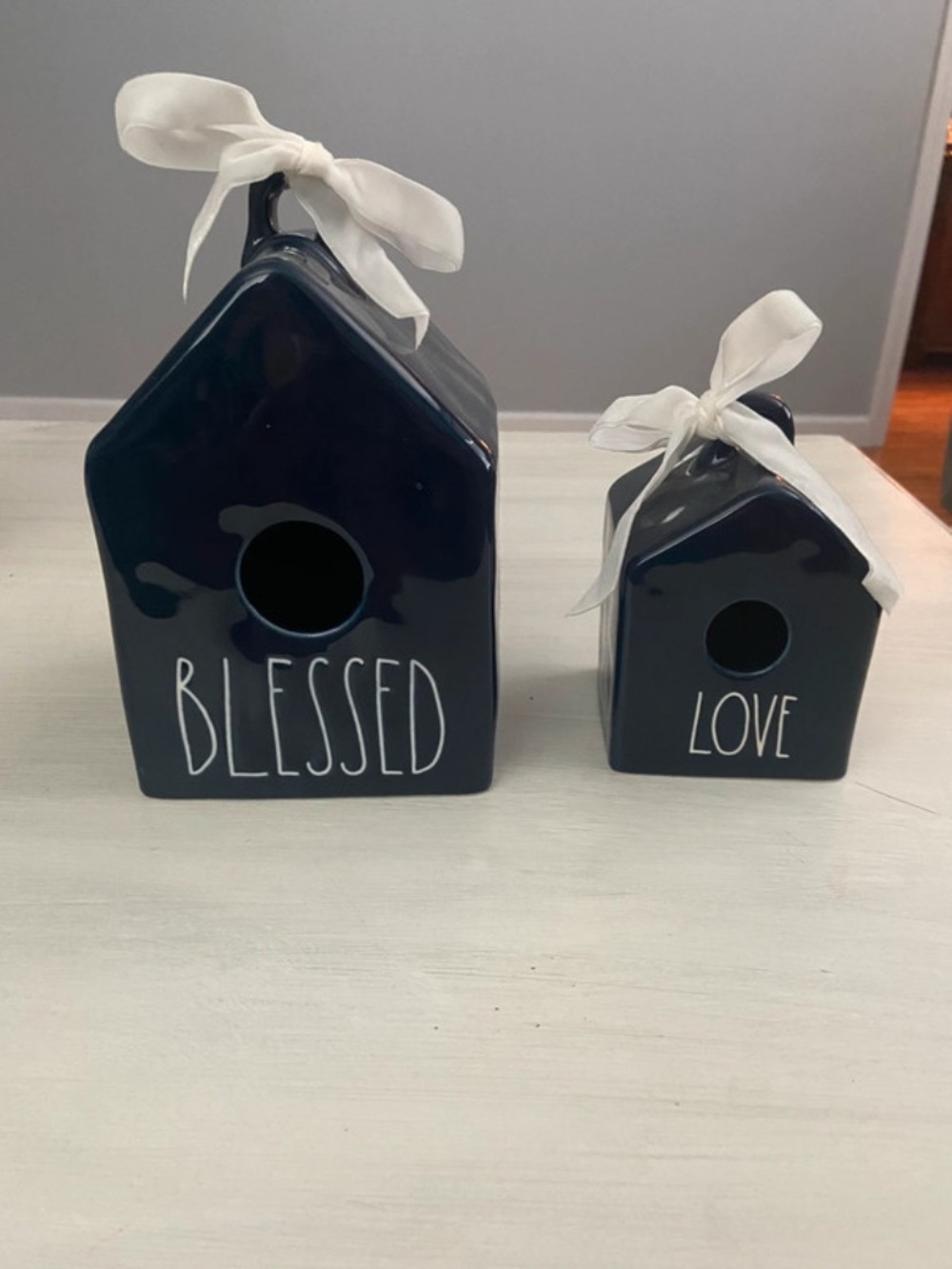 Rae Dunn Navy Ceramic 'Blessed' & 'Love' Birdhouse Duo